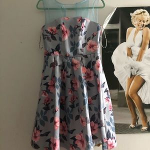 Light blue, pink floral midi dress.